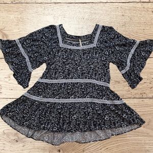 Free People “Talk About It” Navy Blue Floral Crochet Trim Boho Oversized Tunic